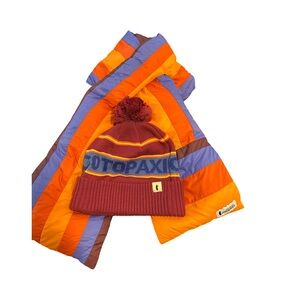 Cotopaxi Unisex Pom-Pom Beanie and Scarf Set - Burgundy, Blue and Orange